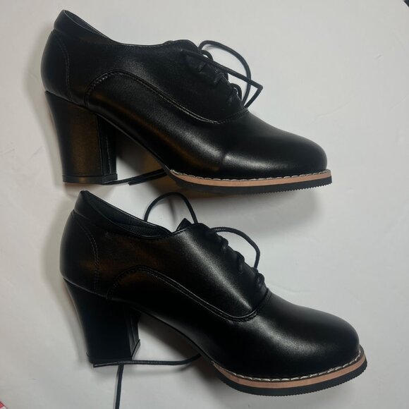 Black Lace-Up Chunky Heel Oxford Shoes For Women SZ 37 - Picture 4 of 7